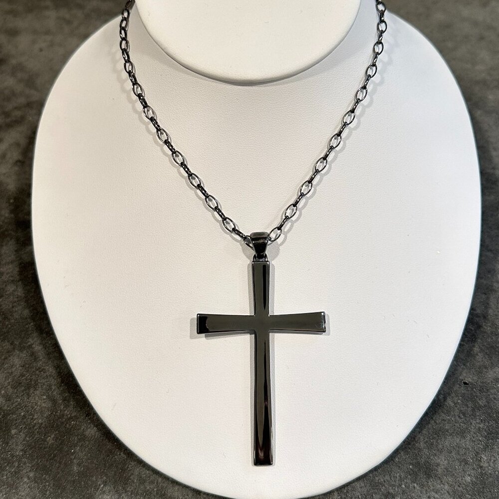 GORGEOUS HEMATITE CROSS PENDANT 1.75" BY 2.5" NECKLACE - UNISEX